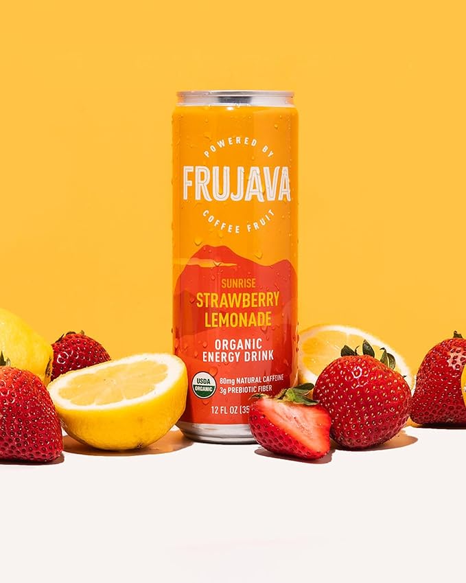 Organic Energy Drink Sunrise Strawberry Lemonade 80mg Natural Caffeine 3g Prebiotic Fiber 12oz Can Powered by Coffee Fruit Organic Low Calorie Adventure Energy (Pack of 12)