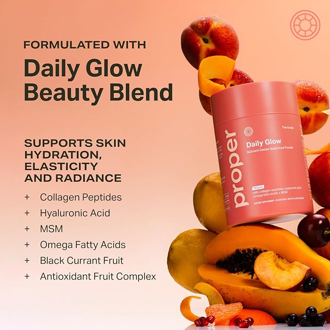 Proper The Corals Daily Glow Beauty Blend - Nutrient Dense Superfood Powder with Collagen Peptides Hyaluronic Acid Powder Vitamin C and MSM. Hair Skin Nail Vitamin Supplement for Women &amp Men