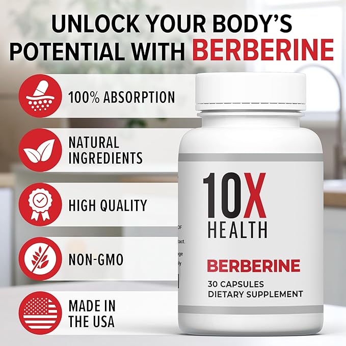 10X Health Berberine Supplement 500mg - Contains Dihydroberberine Supplement for Better Absorption - Supports Cardiovascular &amp Gut Health Supplements for Women &amp Men - 30 Capsules