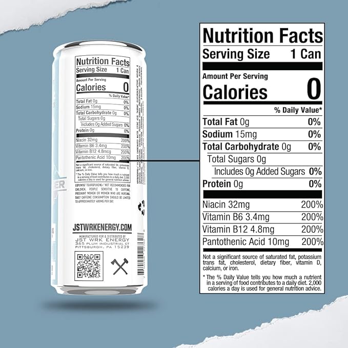 JST WRK Energy Drink - 12-Pack Sugar-Free Zero Calories No Sugar Alcohols 12 Fl Oz. 200 milligrams Caffeine (Glacier)