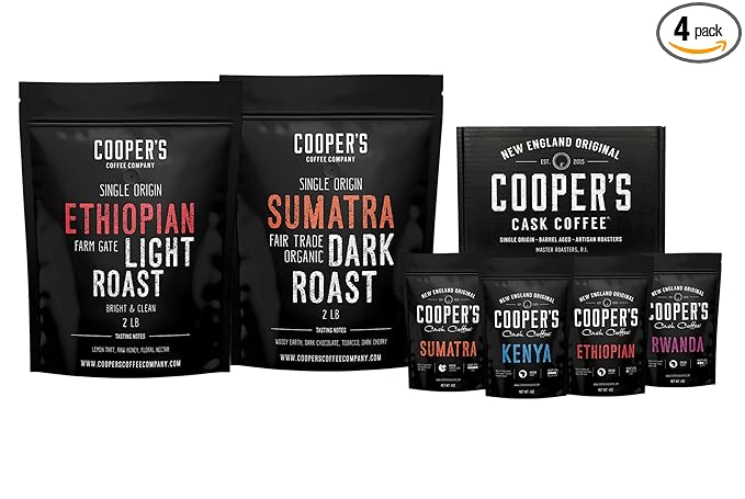Gourmet Coffee Sampler Gift Box Set - 4 Bags 1Lb Total Organic Dark Roast Sumatra 2Lbs and Ethiopian Bold Light Roast Grade 1 2Lbs Whole Bean Coffee