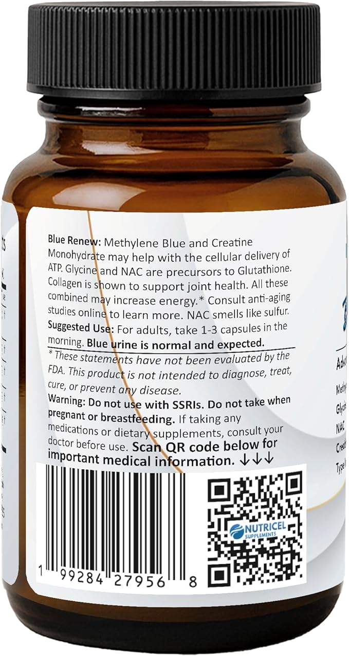 Methylene Blue Capsules with Added Glycine + NAC (GlyNAC) Collagen and Creatine - Trusted Made in America - 7mg (USP Grade) - Third Party Tested (60ct)