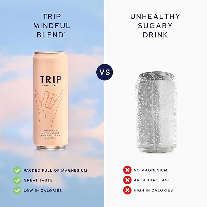 TRIP Lightly Sparkling Adaptogen Drink Non Alcoholic Drink with Magnesium Ashwagandha Lions Mane &amp L Theanine No Added Sugar Mocktail Vegan Peach Ginger 12 Oz 12Pk