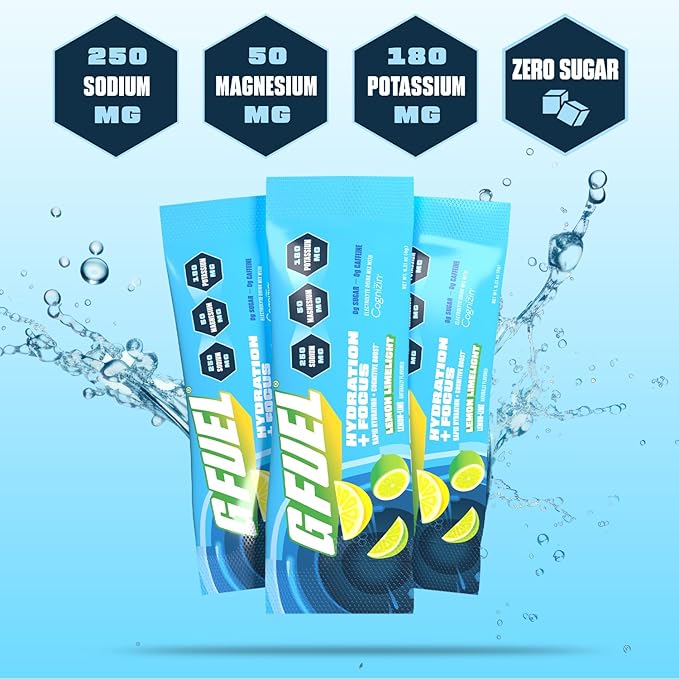 G Fuel Electrolytes Powder for Instant Hydration and Focus | Sugar Free Lemon Lime Flavor Electrolyte and Nootropic Drink Mix to Sharpen Mental Focus 20 Servings