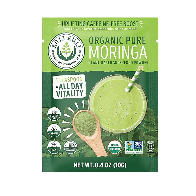 Kuli Kuli Moringa Oleifera Organic Leaf Powder &amp Green Smoothie 100% Pure USDA Certified &amp Non-GMO Moringa Powder Great with Smoothies Tea and Food 0.4 Ounce Pack of 20 (KK_PM)