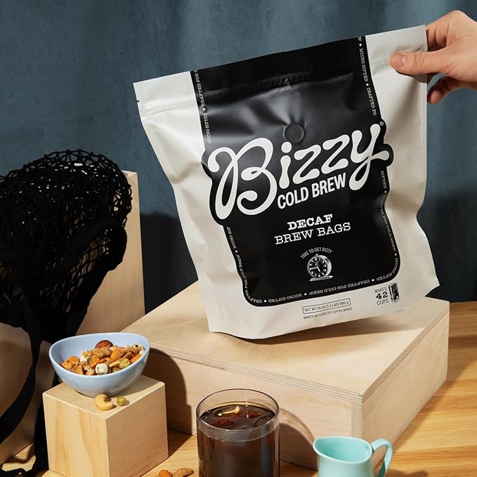 Bizzy Cold Brew Coffee | Decaf Blend | Water Process | Coarse Ground Coffee | Micro Sifted | Specialty Grade | 100% Arabica | Brew Bags | 12 Count | Makes 42 Cups