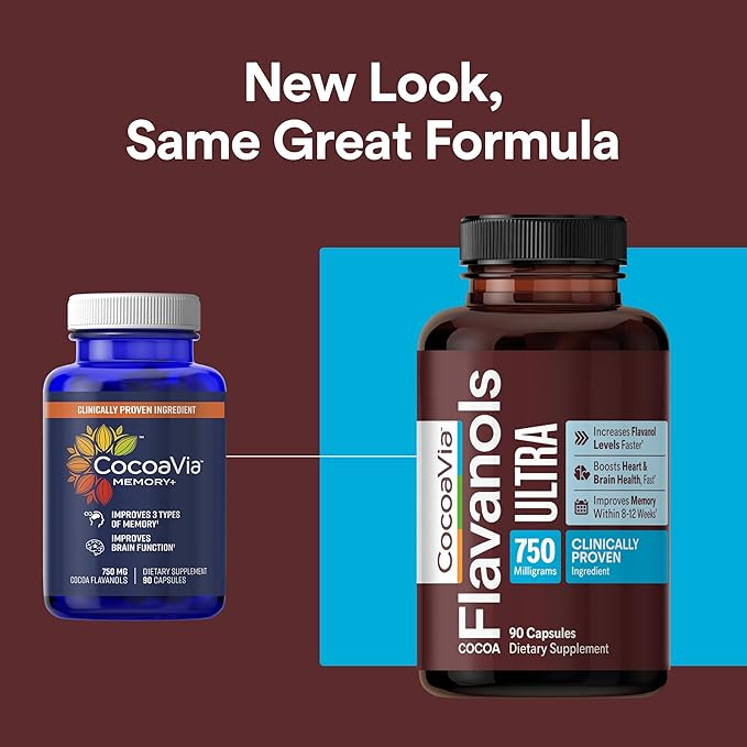 CocoaVia Ultra 750mg Cocoa Flavanols – Heart &amp Brain Support Memory &amp Blood Circulation Booster High Flavanol Cocoa for Nitric Oxide Energy &amp Oxygen Boost Vegan Gluten-Free 60-Day Su