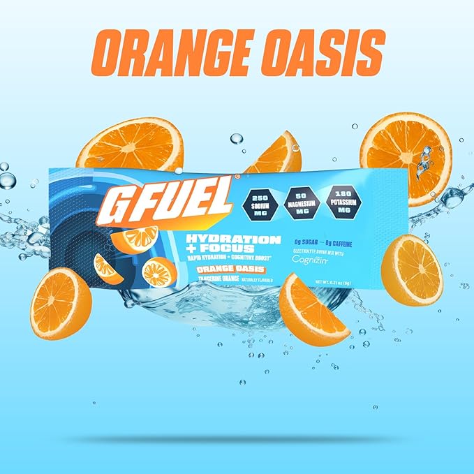 G Fuel Electrolytes Powder for Instant Hydration and Focus | Sugar Free Orange Oasis Flavor Electrolyte and Nootropic Drink Mix to Sharpen Mental Focus 20 Servings