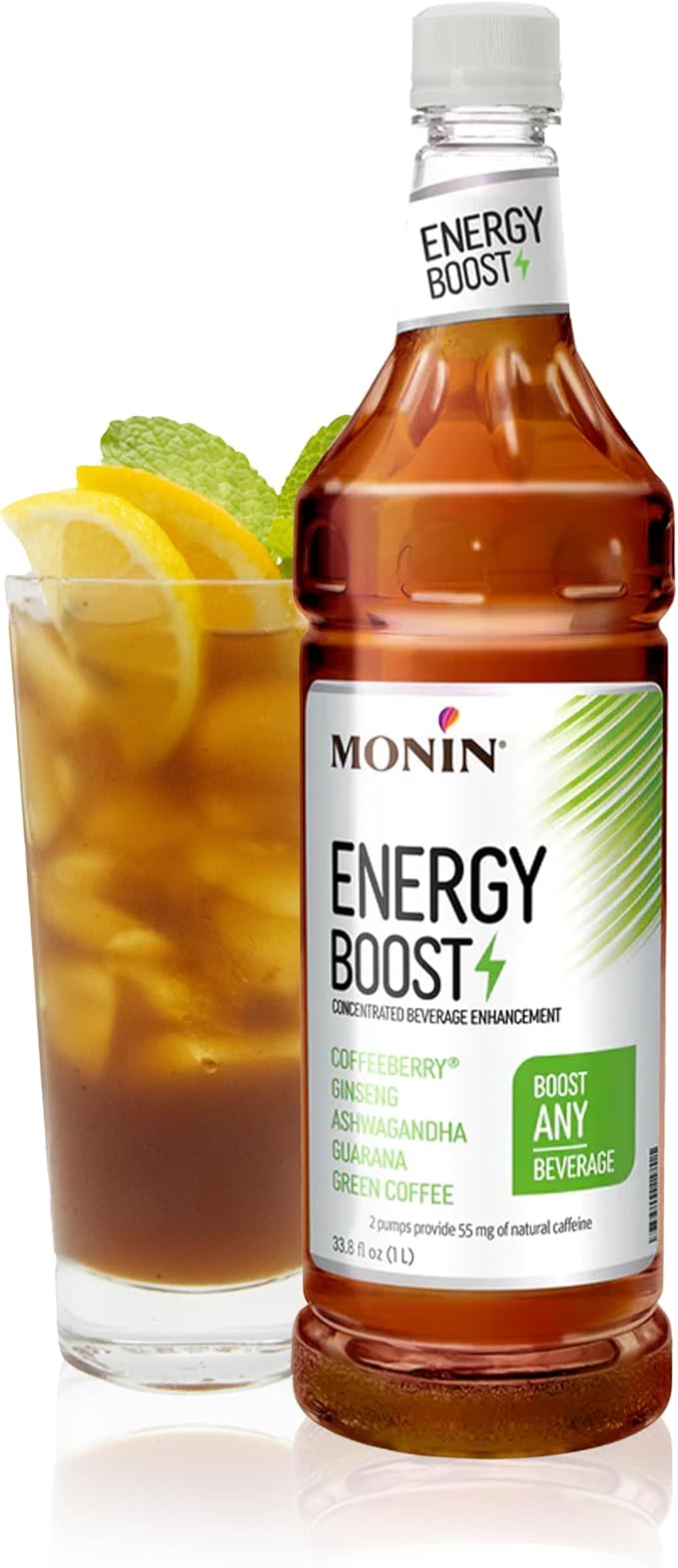 Monin - Energy Boost Liquid Energy Supplement Subtle Tea Flavor Zero Added Sugar Great for Coffee Soda &amp More Low-Calorie Contains Natural Caffeine Gluten-Free Clean Label (1 Liter + Pum