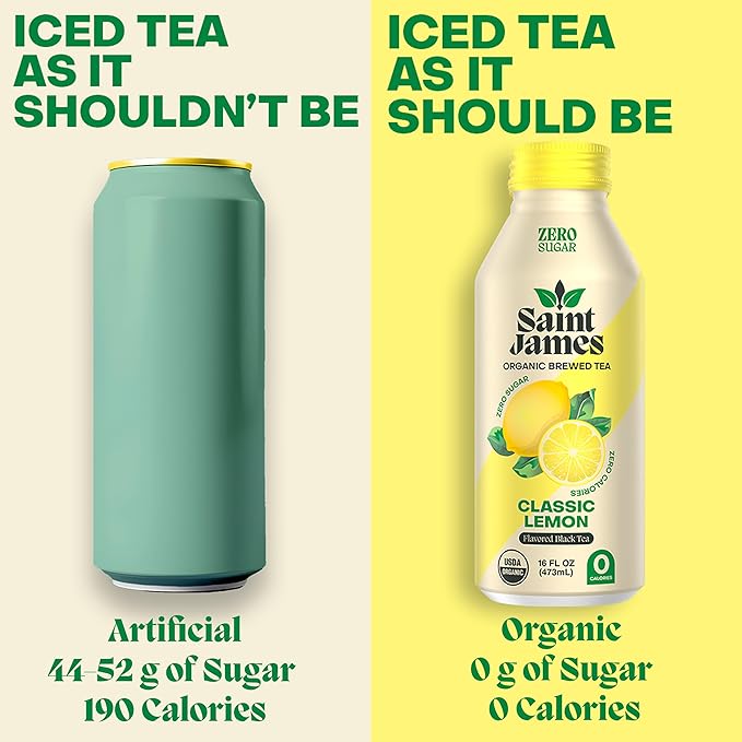 Saint James Iced Tea - Organic Black Tea - Non-GMO Gluten Free Zero Calorie Zero Sugar - Classic Lemon 12 Pack (16 fl oz each)