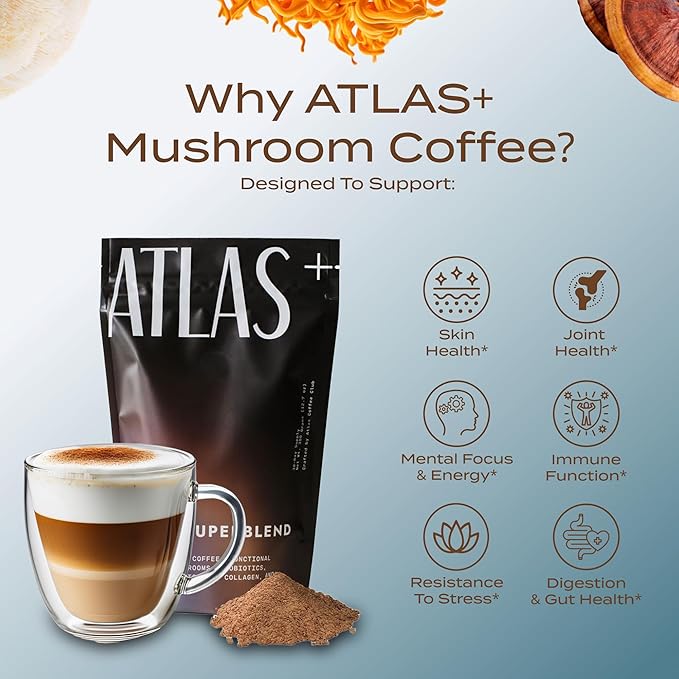 Atlas+ Mushroom Coffee Superblend– Premium Coffee with Collagen Probiotics D3 &amp B12 Lion’s Mane Reishi Cordyceps– for Energy Focus Immunity &amp Gut Health– 28 Servings (1 Bag)
