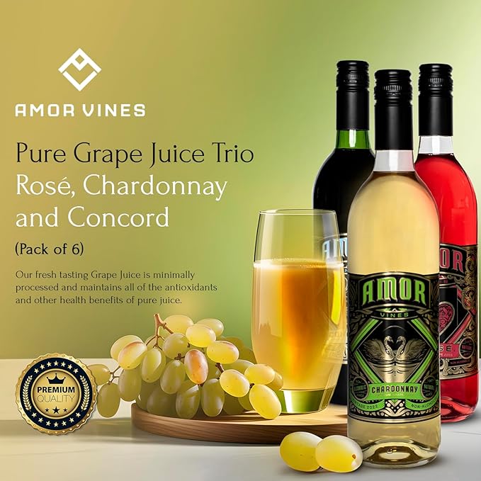 Amor Vines: Rosé Chardonnay &amp Unfiltered Concord Grape Juices - 100% Pure Non-Alcoholic No Water Added Preservative-Free – 750ml Glass Bottles (Pack of 6)
