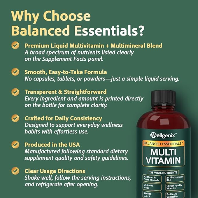 Wellgenix Balanced Essentials Liquid Multivitamin Dietary Supplement with Vitamins and Minerals – Berry Flavor – 32 fl oz