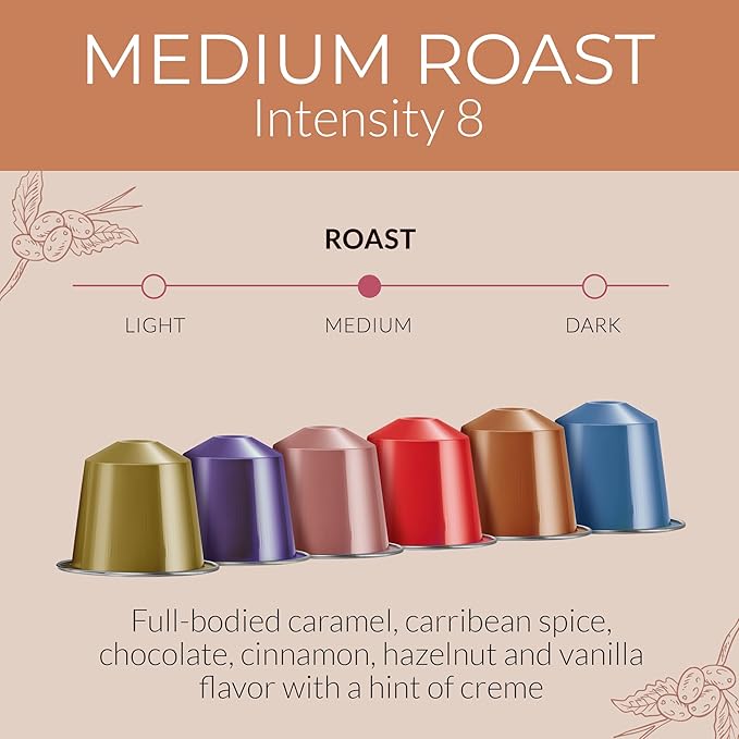 Camilla’s Heritage - Intensity 8 Flavored Espresso Coffee Variety Pack (Caribbean Spice Cinnamon Hazelnut Chocolate Caramel &amp Vanilla Espresso Cups) 60 Coffee Pods