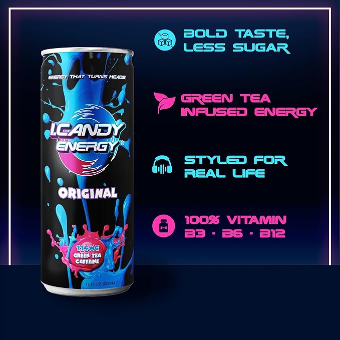I.CANDY Energy Drink Original 24 Pack 12 oz Cans Bulk Energy Drinks Case Classic Flavor 114mg Caffeine Smooth Clean Energy No Crash