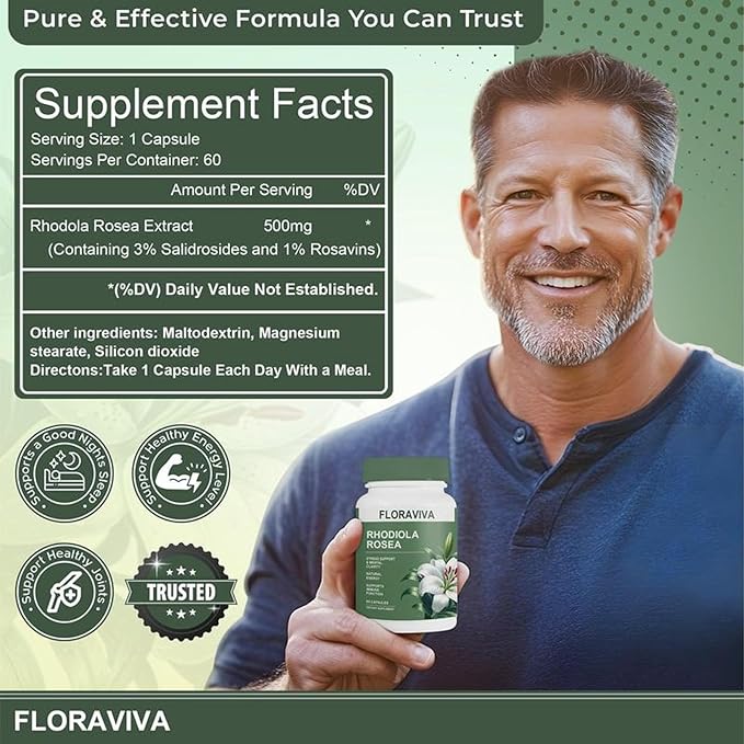 Floraviva Rhodiola Rosea Capsules 500mg - Natural Adaptogen Supplement for Stress Support Mental Focus &amp Energy - Non-GMO