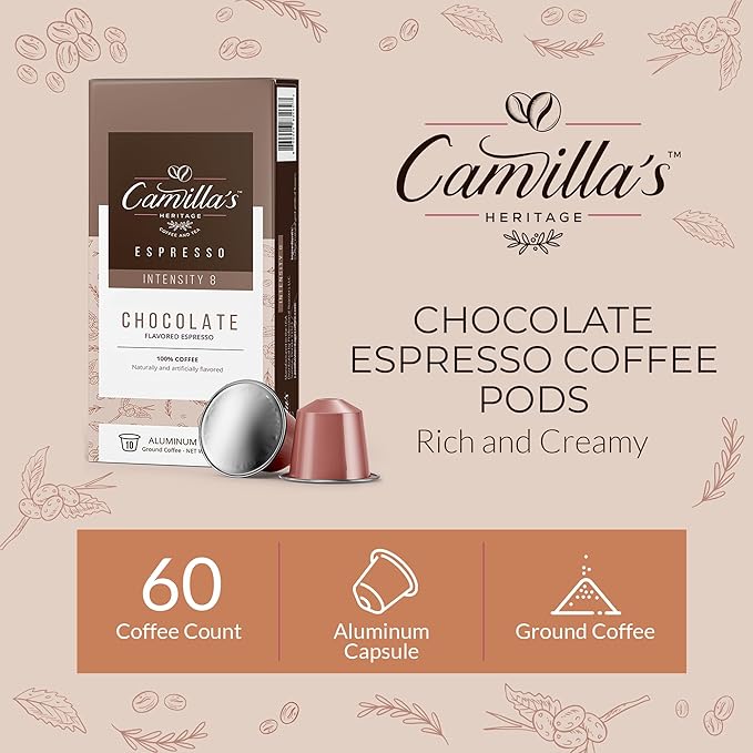 Camilla’s Heritage - Intensity 8 Chocolate Flavored Espresso Coffee Gourmet Espresso Cups 60 Coffee Pods