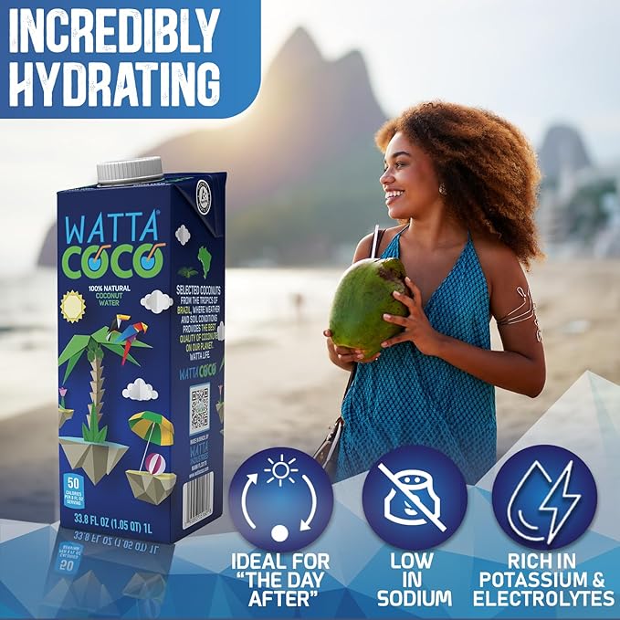 Watta Coco Natural Brazilian Coconut Water No Added Sugar - Unsweetened and Preservative Free Agua de Coco - Healthy Drinks and Juice Alternative for Adults and Kids from Young Raw Green Coconuts 33