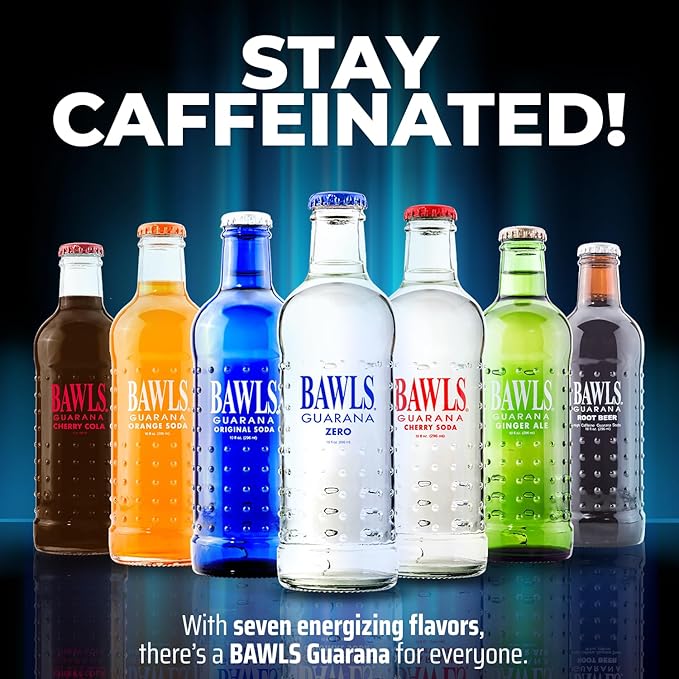 BAWLS Guarana Zero BAWLS Guarana Drink Guarana Soda Guarana Fueled Soda for Energy High Energy Caffeinated Drink 10oz 12 Pack Glass Bottles