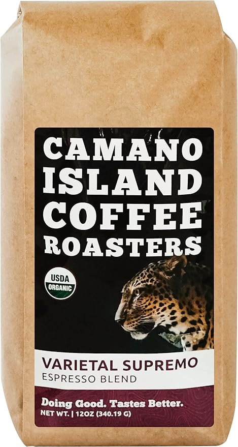 Camano Island Coffee Roasters Varietal Supremo Espresso Blend Whole Bean 12oz Fresh Dark Roast USDA Organic Fairly Traded Shade Grown Arabica Chocolate Caramel Hint of Spice Flavor Profile