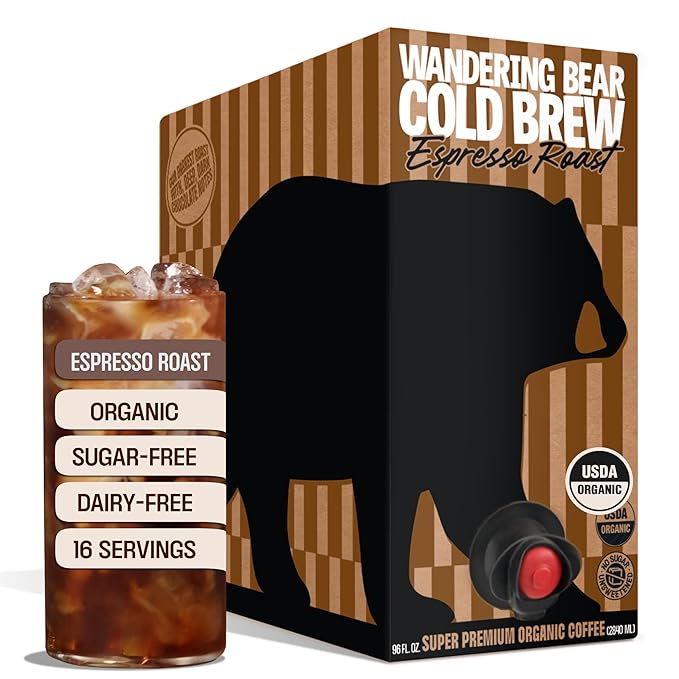 Wandering Bear Espresso Roast Organic Cold Brew Coffee On Tap Iced Coffee Drink - Extra Strong Smooth No Sugar Added Shelf-Stable Ready to Drink 100% Organic &amp Vegan - 16 Servings of 6fl.oz