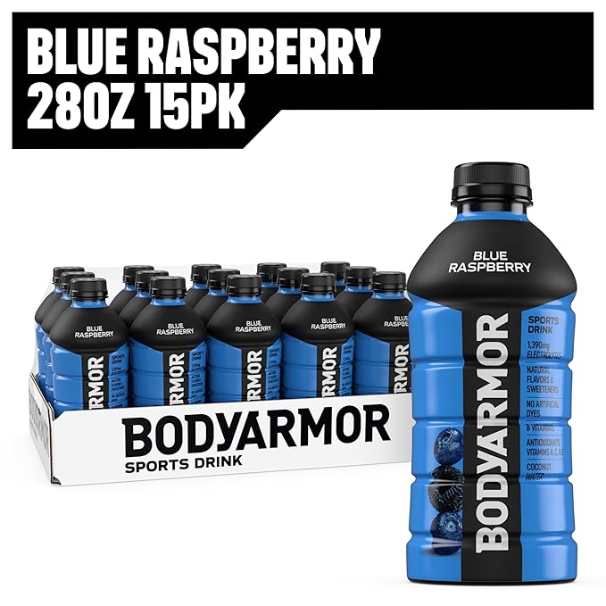 BODYARMOR Sports Drink Blue Raspberry Electrolyte Drink Hydration 28 Fl Oz Bottles (15 Pack) Flavored Coconut Water with B Vitamins &amp Antioxidants