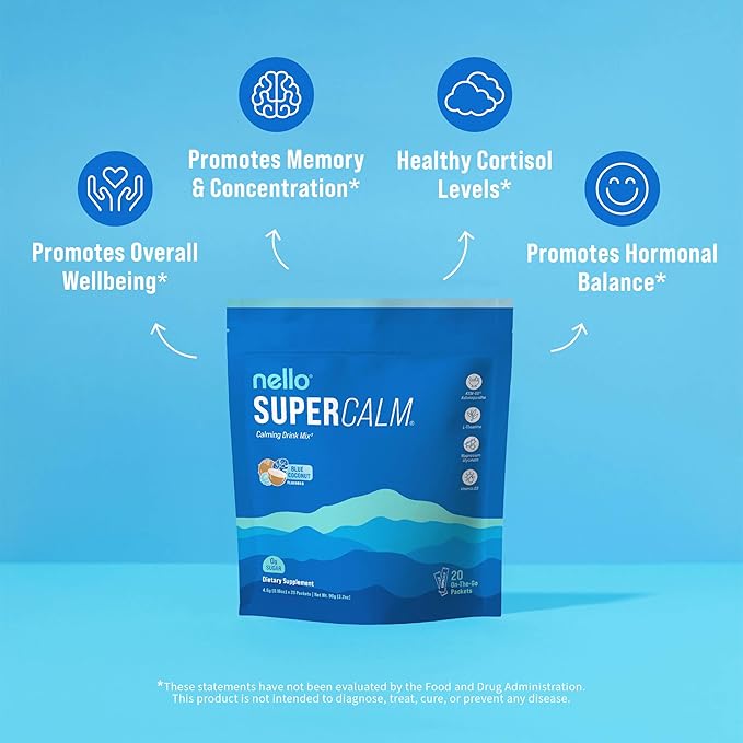 Nello Supercalm Drink Mix - Blue Coconut and Raspberry Lemonade KSM 66 Magnesium Glycinate &amp L-Theanine Supplement - Focus and Relaxation Support (2 x 20 Travel Packets)