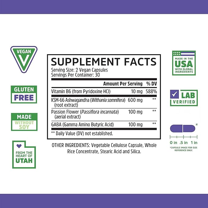 Zhou Calm Now - Calm Supplement Calm Vitamins for Women &amp Men Pills to Relax for Adults with GABA &amp Ashwagandha Stress &amp Focus Support - 60 Veggie Capsules