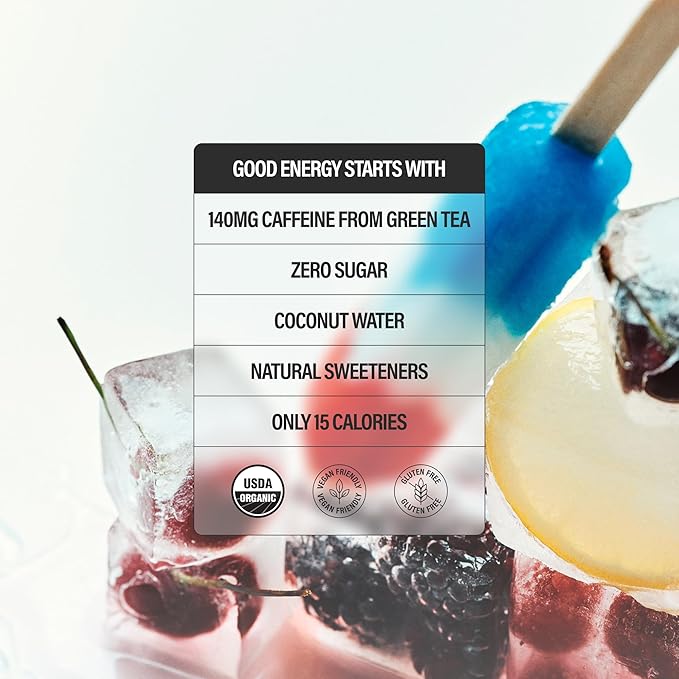 GURU ZERO SUGAR Wild Ice Pop Organic Energy Drinks Clean Energy Drink with Plant Based Natural Caffeine from Green Tea Coconut Water Prebiotic Zero Added sugars Gluten Free and Vegan Pre Workout