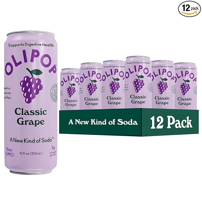 OLIPOP Prebiotic Soda Pop Classic Grape Pantry Pack Packed with Prebiotics Fiber and Botanicals Gluten Free GMO Free 12oz Skinny (12-Cans)