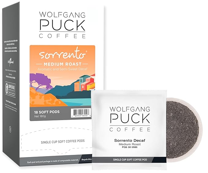 Wolfgang Puck Soft Coffee Pods Sorrento Decaf 9.5 Gram 18 Count (Pack of 6)