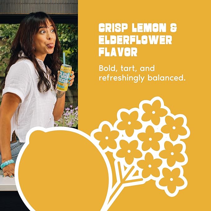 PuraSoda® Lemon &amp Elderflower | 65 Calories &amp 12g Pure Cane Sugar per Can | Non-GMO Vegan | Made with Pure Cane Sugar Clean &amp Refreshing | 10 fl oz (300ml) Cans Pack of 24