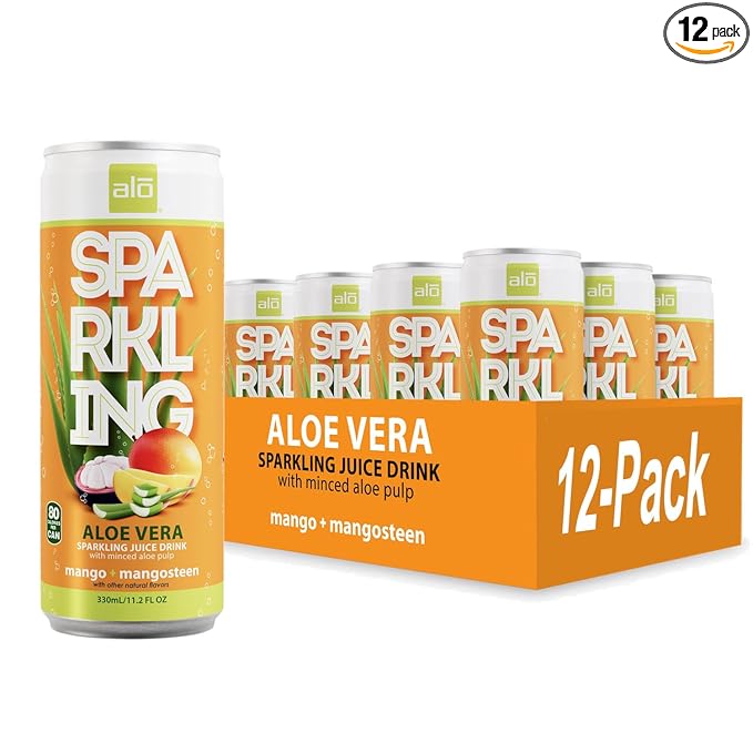 ALO Sparkling Mango &amp Mangosteen Carbonated Aloe Vera Juice Drink | 11.2 fl oz Pack of 12 | Plant-Based Beverage Vegan