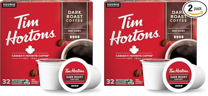 Tim Hortons Dark Roast Coffee Single-Serve K-Cup Pods Compatible with Keurig Brewers 32ct K-CupsRed (Pack of 2)