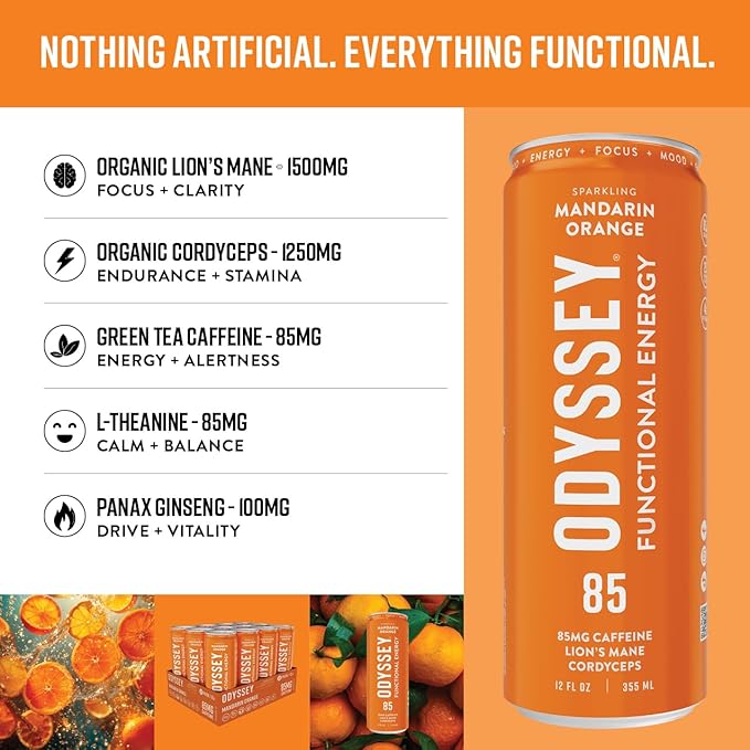 Odyssey Functional Energy Drink for Focus Cognition &amp Mood Support 12 Pack - Adaptogenic Drink with 85mg Green Tea Caffeine Lion’s Mane Cordyceps L-Theanine &amp Ginseng Sparkling Orange