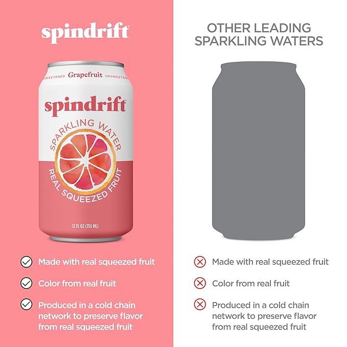 Spindrift Sparkling Water Grapefruit Flavored Made with Real Squeezed Fruit (Only 15 Calories per Can) 12 Fl Oz (Pack of 24)