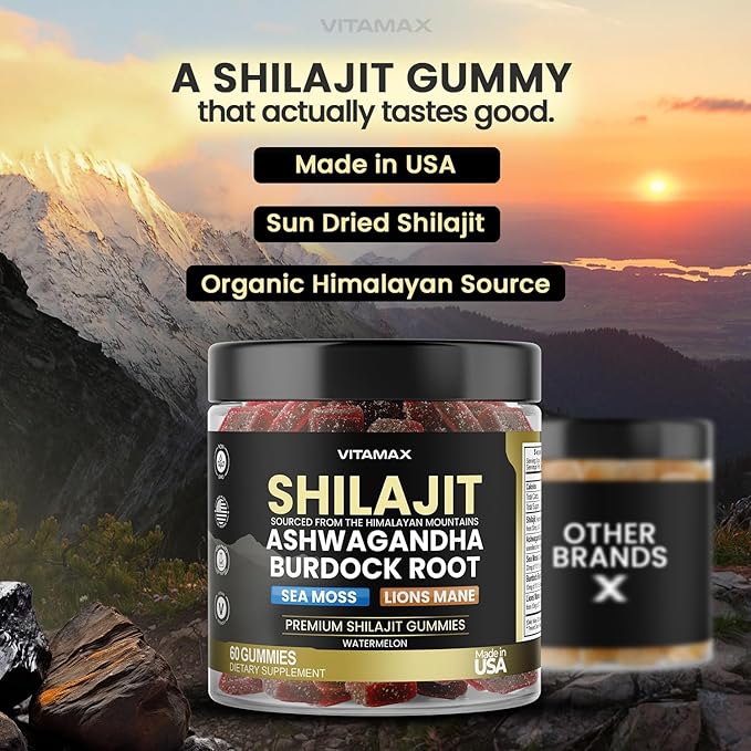 Organic Shilajit Gummies Sea Moss Ashwagandha 105+ Trace Minerals – Organic Burdock Root &amp Lions Mane Mushroom – Watermelon Flavor - Vegan &amp Non-GMO – Made in USA – 60ct