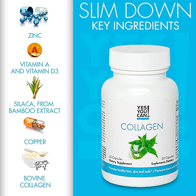Yes You Can! Collagen Capsules Dietary Supplement to Promote Healthy Hair Skin and Nails 290 mg Bovine Collagen Vitamin A Vitamin D3 Zinc and Copper 30 Capsules
