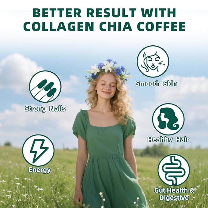20X Collagen Chia Coffee 11 in 1 Coffee Mix with Collagen &amp Chia Seeds Goji Berry Supports Hair Skin &amp Nails Sugar Free Vegan 45 Servings (9.8Ounce (Pack of 2)