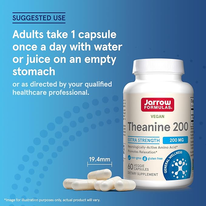 Jarrow Formulas Extra Strength L Theanine 200mg Dietary Supplement that Promotes Relaxation Supplement for Relaxation Support 60 Veggie Capsules 60 Day Supply