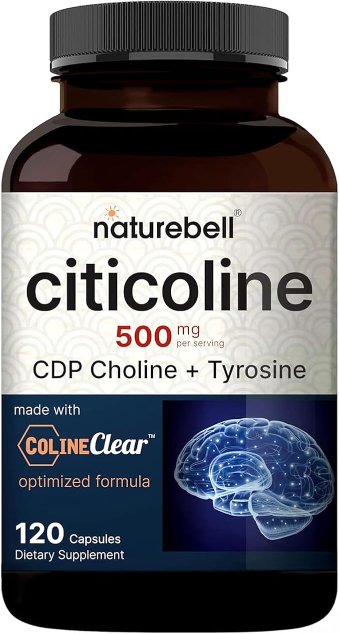 NatureBell Citicoline 500mg - 120 Capsules - Brain Function Support for Adults - Memory &amp Focus Aid with CDP Choline &amp Tyrosine - Fast-Absorbing Formula* - Non-GMO &amp Gluten-Free