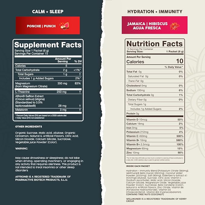 Salud 2-Pack | 2-in-1 Calm + Sleep (Punch) &amp Hydration + Immunity (Hibiscus) 15 Servings Each Drink Mix Dairy &amp Soy Free Non-GMO Gluten Free Vegan Low Calorie 1g of Sugar