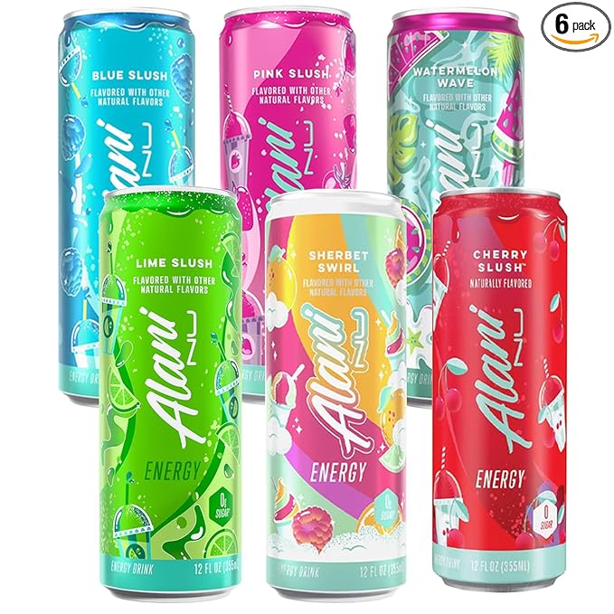 Alani Energy Drink Variety Pack – Sugar Free Low Calorie Energy Drinks – Assorted Flavors – 12 fl oz Cans (Pack of 6) (Lime Slush Sherbet Swirl Cherry Slush Blue Slush Pink Slush Watermelon Wave