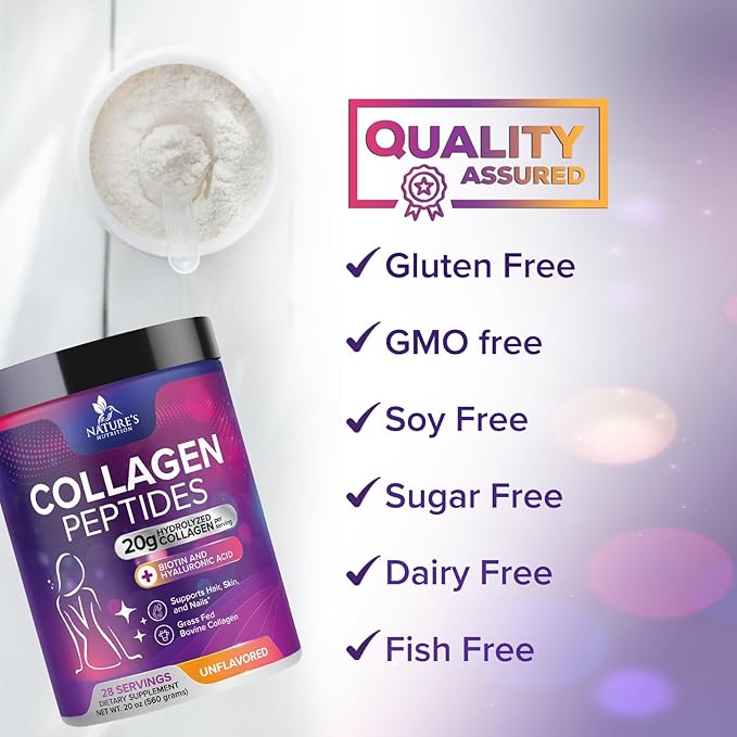 Collagen Peptides Powder - Hydrolyzed Type 1 &amp 3 Collagen Powder 20g per Serving with Hyaluronic Acid &amp Biotin - Vital Nails Skin &amp Joint Support - No Sugar Unflavored Bottled in USA -
