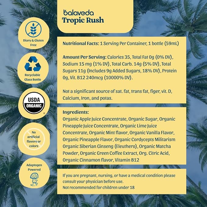 balaveda Tropic Rush Energy Shot with Organic Matcha L-Theanine Cordyceps Eleuthero and Vitamin B12 – Mint Pineapple Flavor – Clean and Sustained Energy Support – 2 Fl Oz Bottles (Pack of 12)