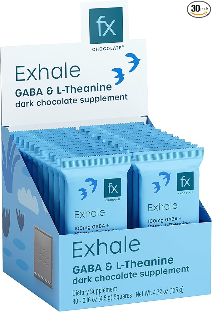 Fx Chocolate Exhale - Relaxing Chocolate Supplement to Support Calm + Stress Response - Sugar Free Cacao with 100mg GABA + 100mg L-Theanine - Keto Dark Chocolate - Vegan + Non-GMO (30 Pieces)