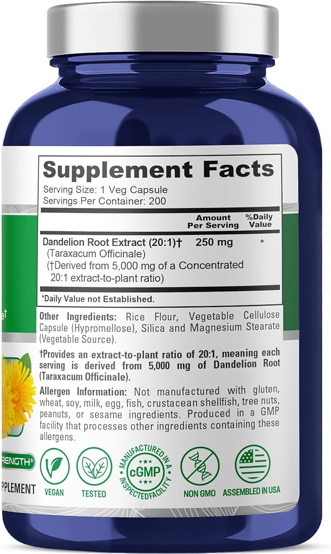 NusaPure Dandelion Root 20:1 Extract 250 mg Equivalent to 5000mg 200 Veg Capsules (Vegan Non-GMO)