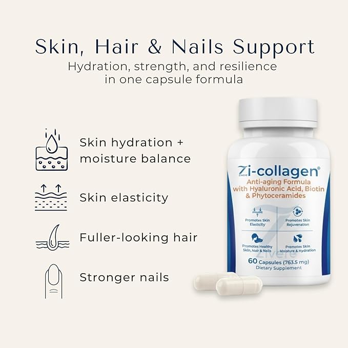 Zi-Collagen Marine Collagen Capsules for Skin Hair &amp Nails – Collagen Supplement with Phytoceramides Hyaluronic Acid Biotin &amp Vitamins A C D3 E – 60 Capsules