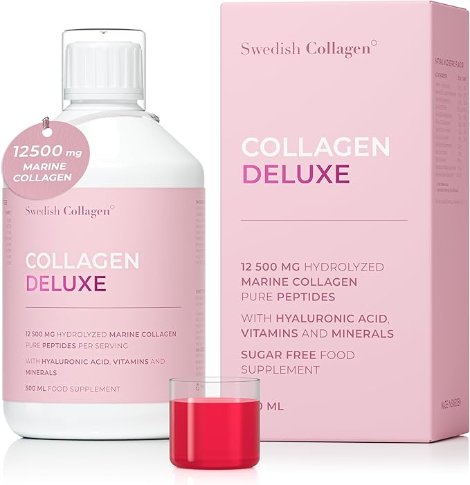 Swedish Collagen Deluxe | 12500 mg Hydrolyzed Marine Collagen Liquid Supplement - 500 ml 20 Day Supply | Hyaluronic Acid Biotin and Vitamin C for Healthy Hair Skin Nails and Joints | Sugar-Free