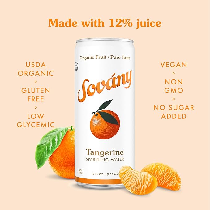 Sovány Sparkling Water Tangerine Seltzer Water Drinks USDA Organic Made With Real Fruit Non-GMO Vegan No Added Sugar Low Calorie 12 fl oz 12 Pack